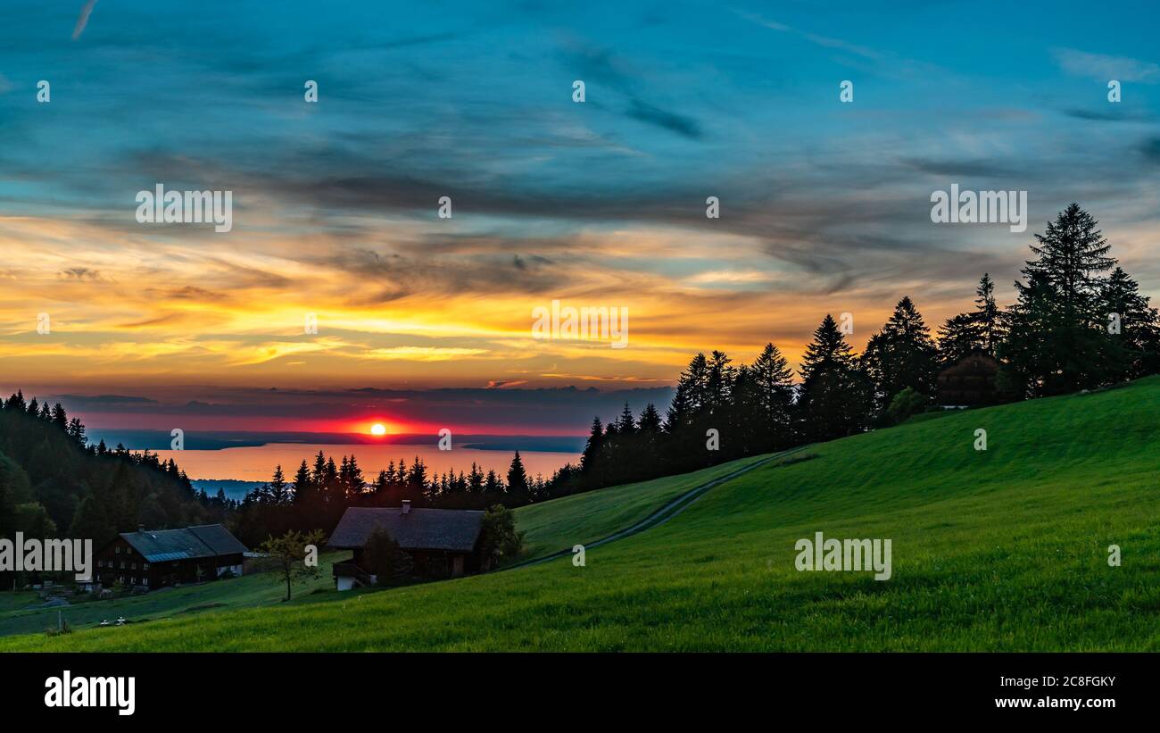 Sonnenuntergang über dem Bodensee, Sonnenuntergang über dem Bodensee, schöne Aussicht von einem Ferienhaus, Urlaub im Ländle, gute Nacht, Vorarlberg Stockfoto