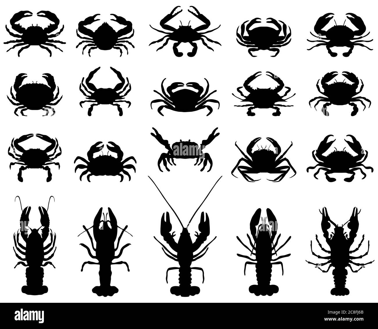 Schwarze Silhouetten von Krebsen und Krabben auf weißem Hintergrund Stockfoto
