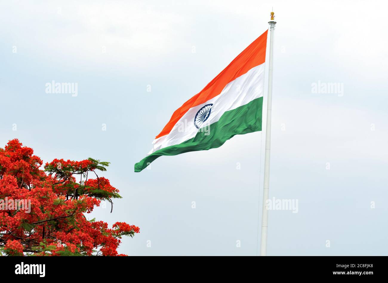 Indische Flagge winkt in der Luft am Unabhängigkeitstag indiens im Sanjeevaja Park Stockfoto
