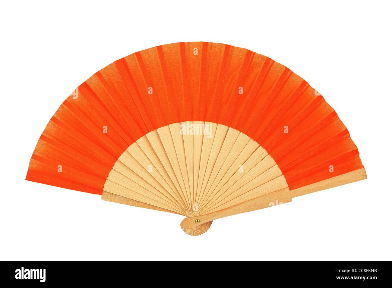 Orangefarbener Klappventilator isoliert auf Weiß Stockfoto