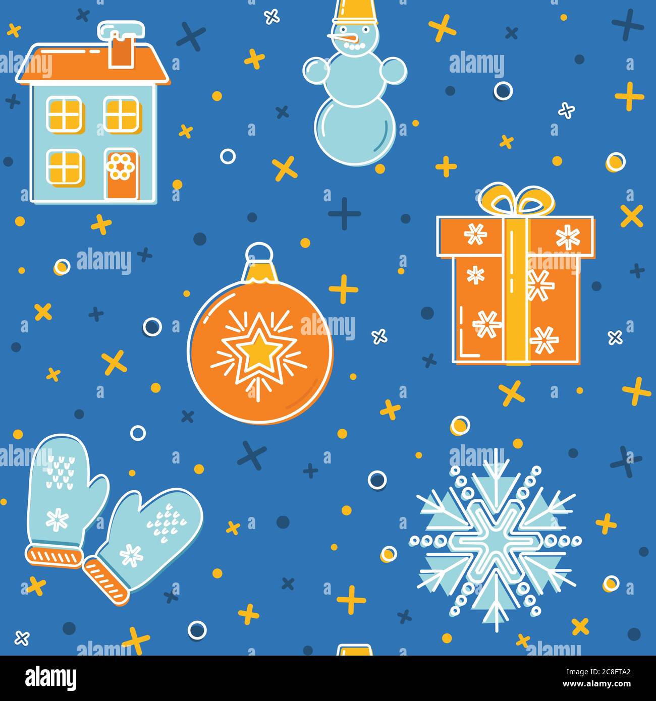 Weihnachtliche Nahtloses Muster mit Weihnachts-Symbolen. Farbige Schneemann, Schneeflocke, Fäustlinge, Ferienhaus, Geschenkbox und dekorative Kugel in dünne Linie Stil. Stock Vektor