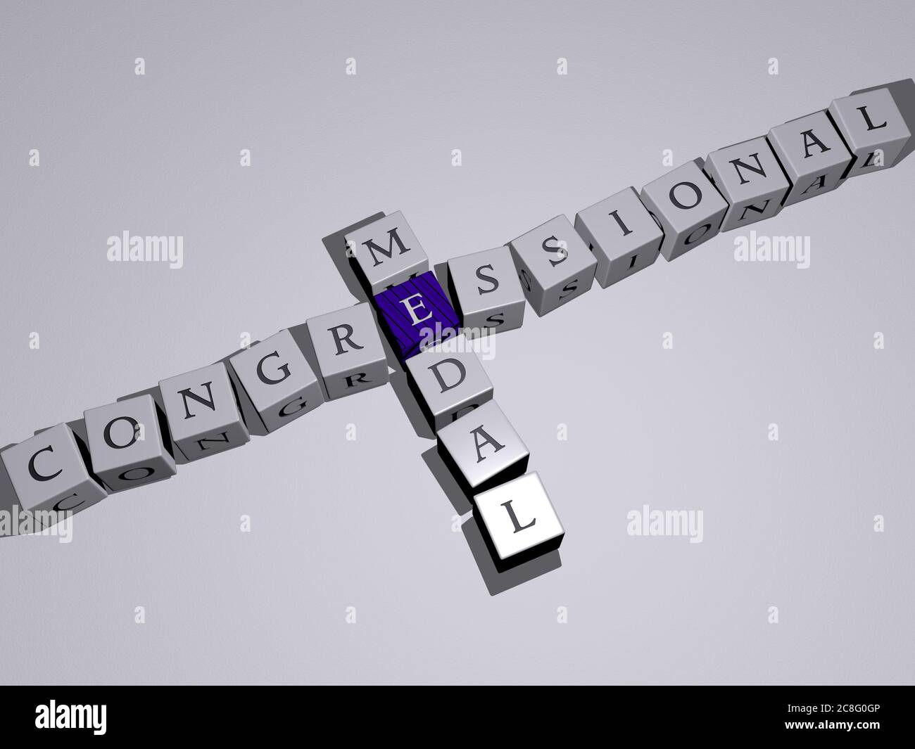 Kombination von KONGRESS-MEDAILLE aus kubischen Buchstaben aus der oberen Perspektive gebaut, ausgezeichnet für die Konzeptpräsentation. amerika und Gebäude. 3D-Illustration Stockfoto