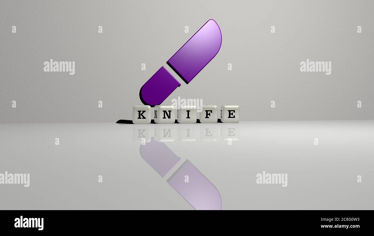 3D-Illustration von MESSER-Grafiken und Text von metallischen Würfel Buchstaben für die damit verbundenen Bedeutungen des Konzepts und Präsentationen. Hintergrund und Gabel Stockfoto