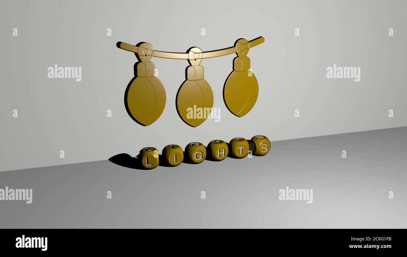 3D-Illustration von LICHTERN Grafiken und Text von metallischen Würfel Buchstaben für die damit verbundenen Bedeutungen des Konzepts und Präsentationen. Hintergrund und Abstract Stockfoto