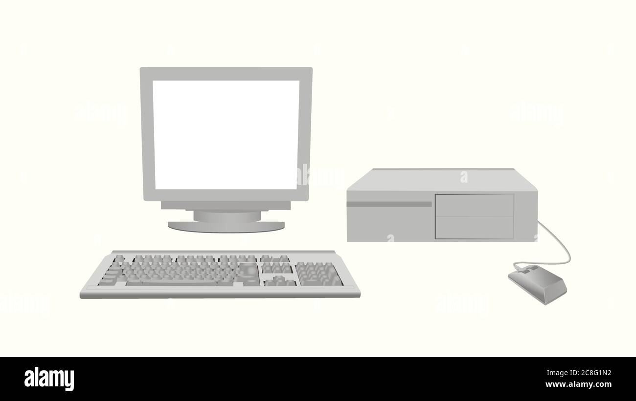 Personal Computer Retro grau. Altes Gadget klassischen Monitor mit einer veralteten Maus und System. Stock Vektor
