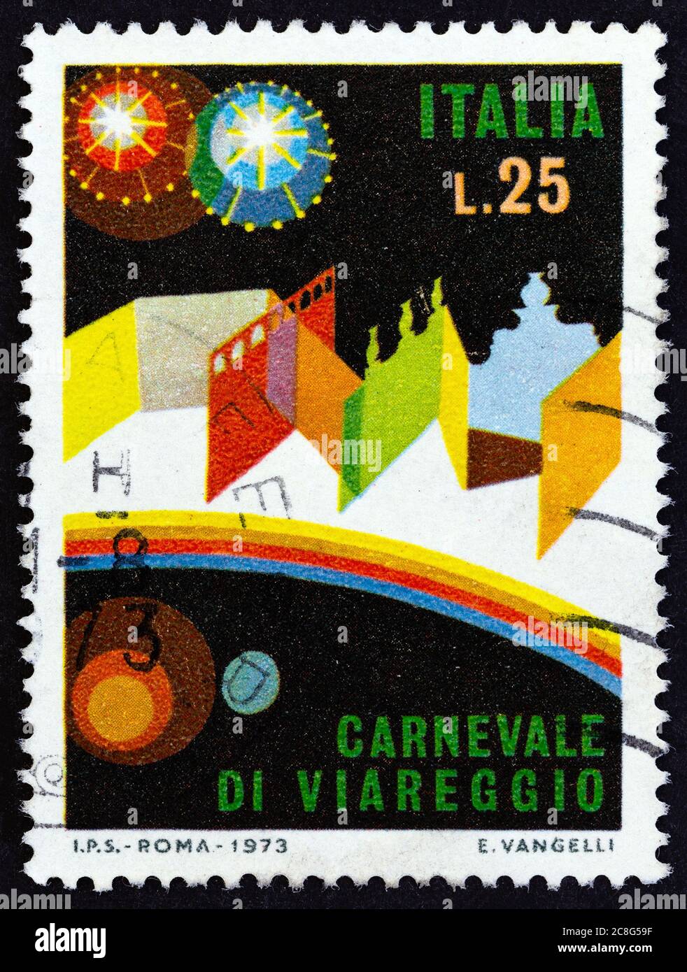 ITALIEN - UM 1973: Eine in Italien gedruckte Briefmarke aus der Ausgabe 'Viareggio Carnival' zeigt Carnival Setting, um 1973. Stockfoto