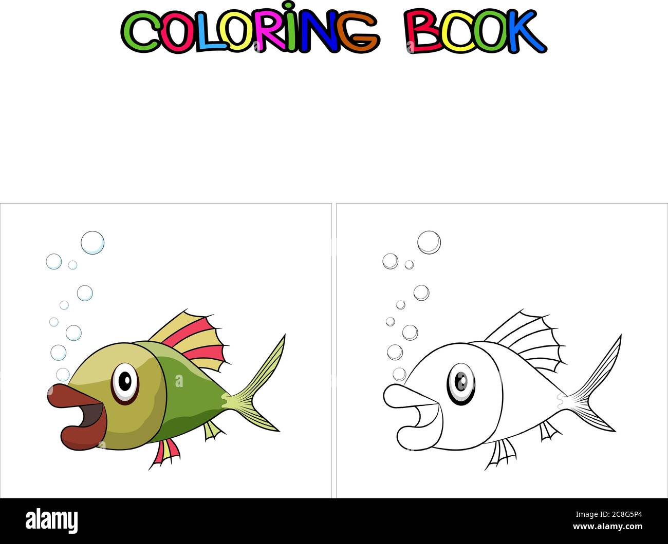 Malbuch mit Cartoon niedlichen Fisch - Vektor-Illustration. Fisch bunt und weiß und schwarz für die Färbung von Kindern Stock Vektor