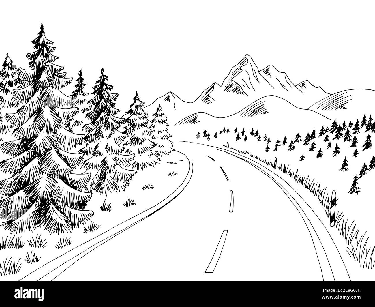 Mountain Road Grafik schwarz weiß Landschaft Skizze Illustration Vektor Stock Vektor