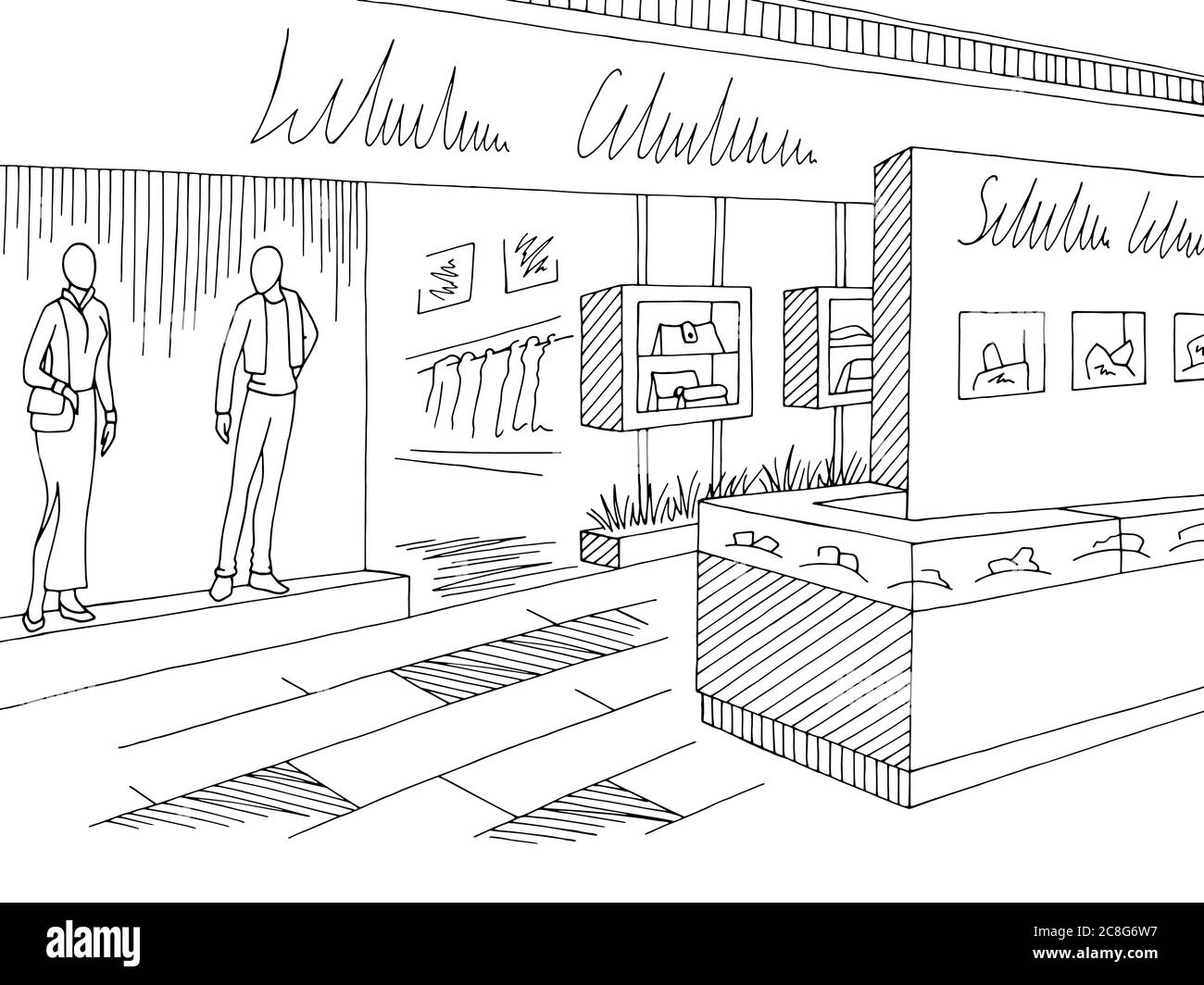 Einkaufszentrum Grafik schwarz weiß Interieur Skizze Illustration Vektor Stock Vektor