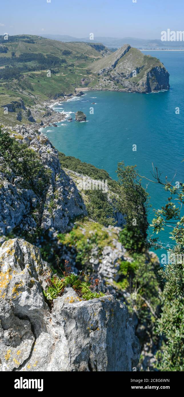 Wiese neben der Klippe des Monte Candina mit Liendo Strand im Hintergrund Stockfoto