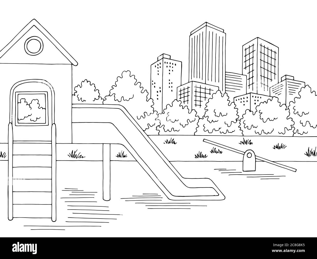 Spielplatz Grafik schwarz weiß Stadt Landschaft Skizze Illustration Vektor Stock Vektor