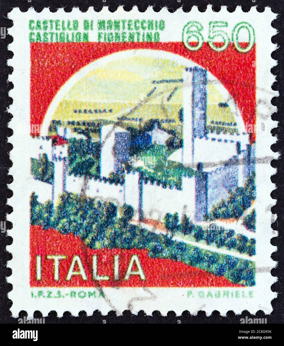 ITALIEN - UM 1986: Eine in Italien gedruckte Briefmarke aus der 'Burgen'-Ausgabe zeigt Schloss Montecchio, um 1986. Stockfoto
