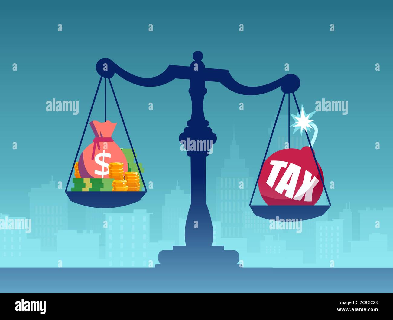Vektor einer Skala mit Geld und Steuern auf Stadtbild Hintergrund Stock Vektor