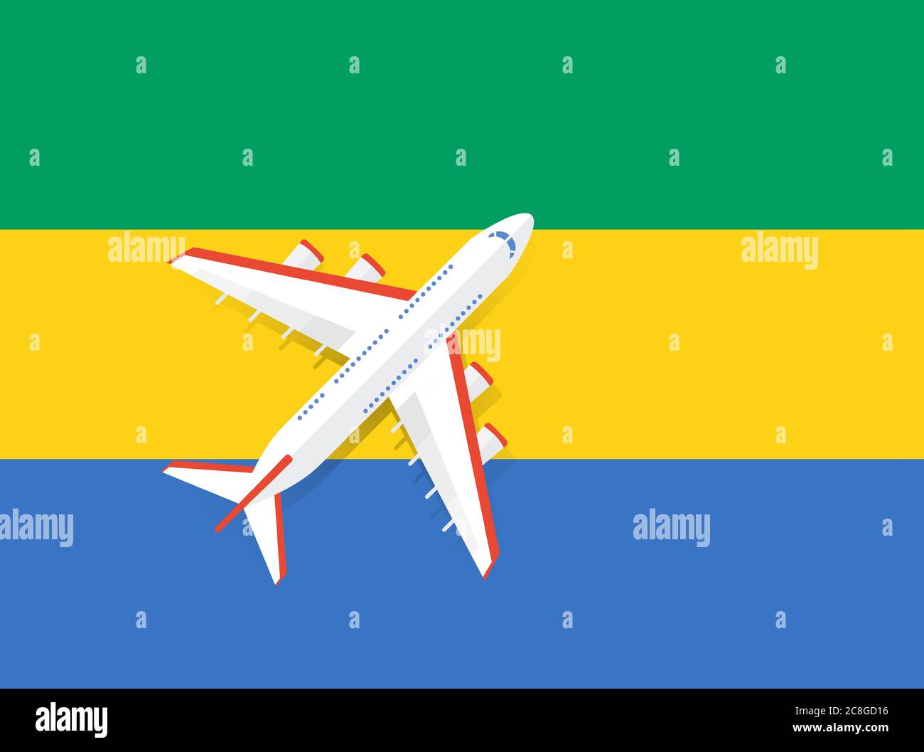 Vektor-Illustration eines Passagierflugzeugs, das über die Flagge von Gabana fliegt. Konzept von Tourismus und Reisen Stock Vektor