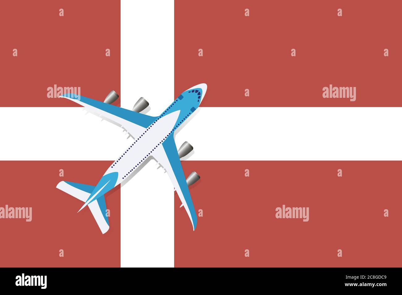 Vektor-Illustration eines Passagierflugzeugs, das über die Flagge Dänemarks fliegt. Konzept von Tourismus und Reisen Stock Vektor