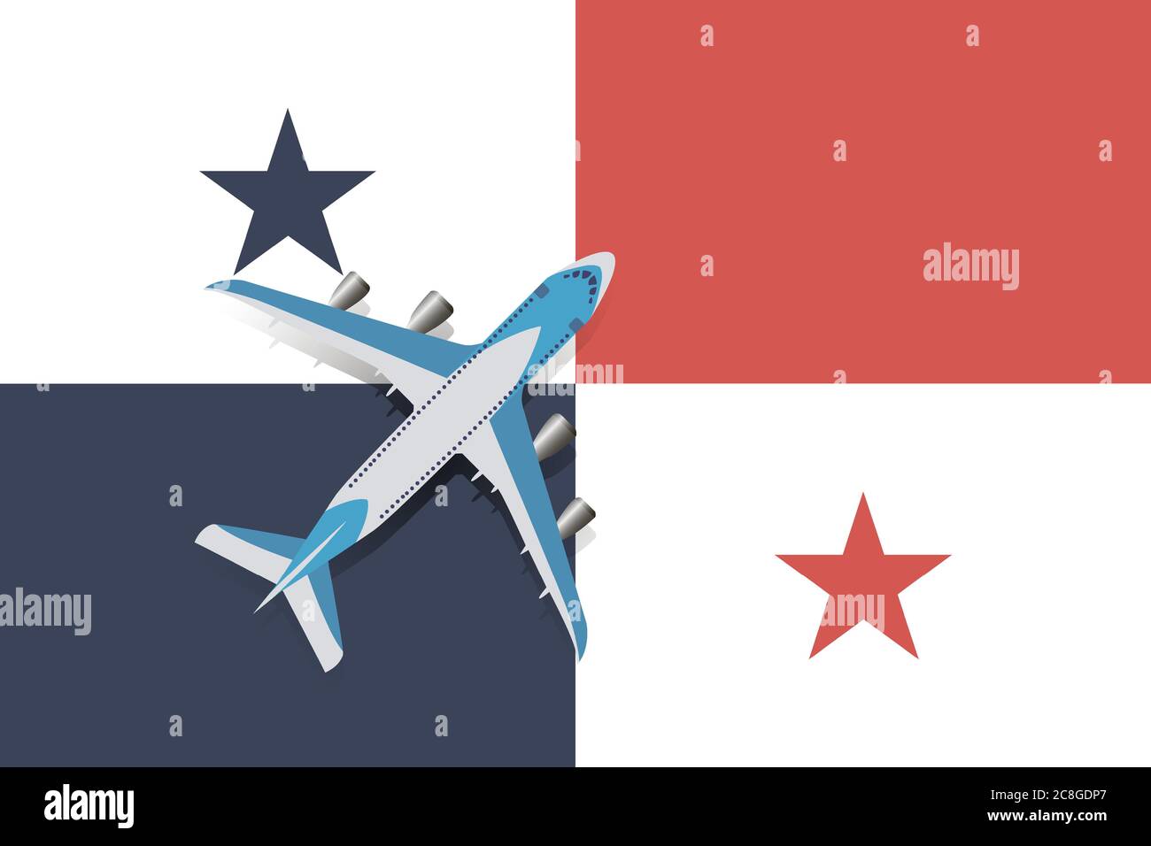 Vektor-Illustration eines Passagierflugzeugs, das über die Flagge von Panama fliegt. Konzept von Tourismus und Reisen Stock Vektor