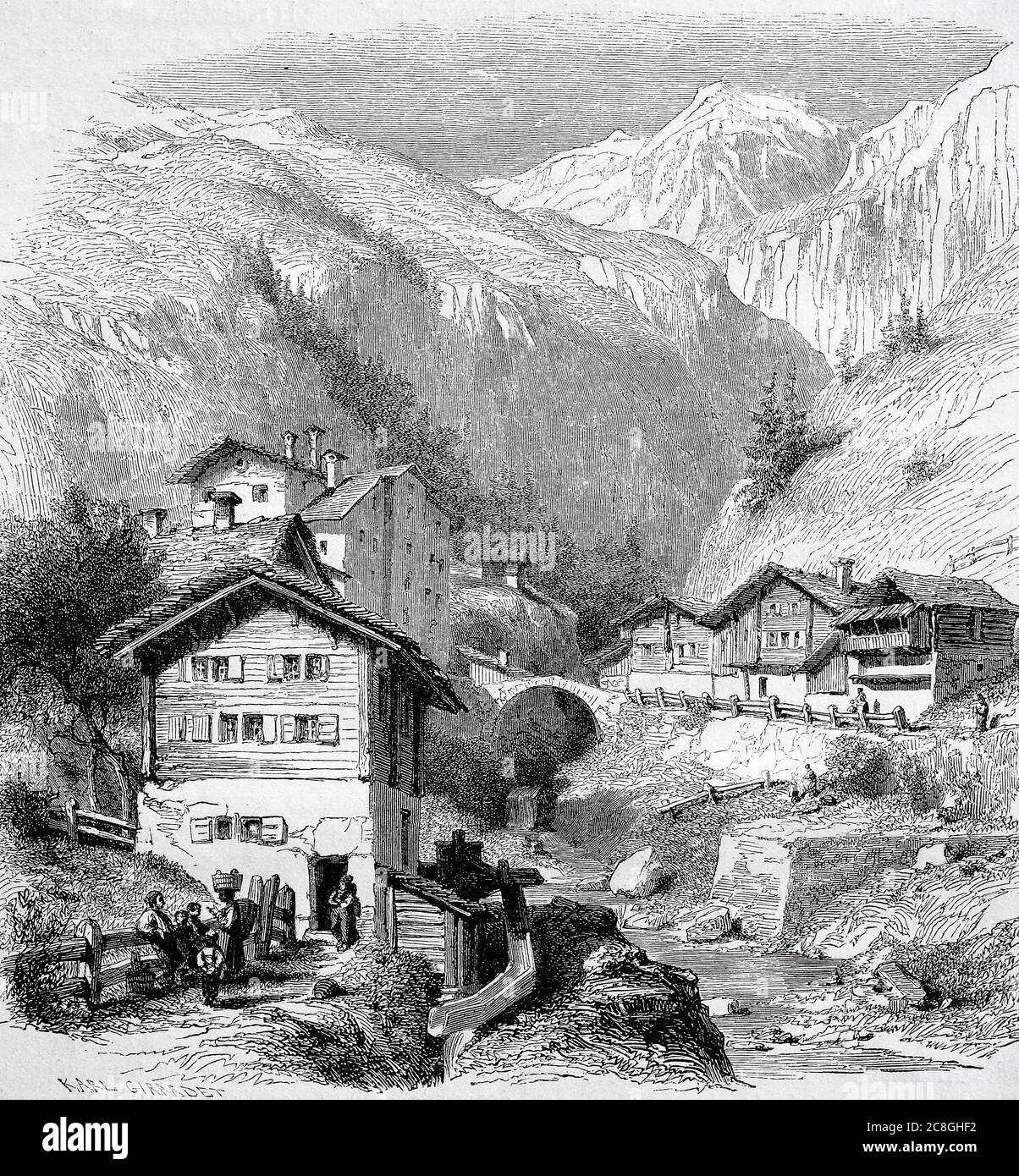 Spluegen, Spluga, ist eine Gemeinde in der Region Viamala des Schweizer Kantons Graubünden, 1855, Schweiz Stockfoto