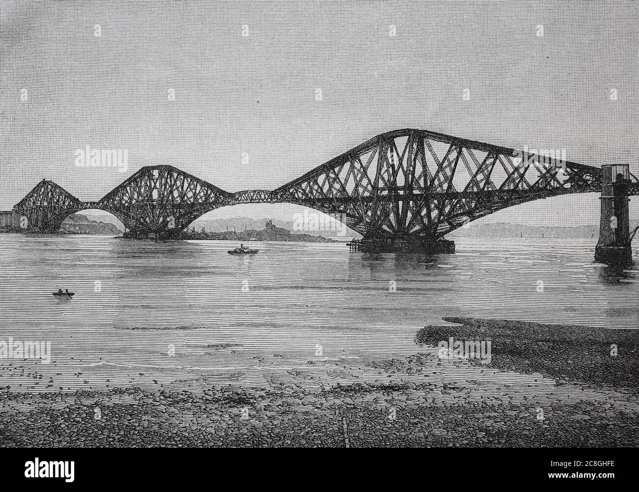 The Forth Bridge, eine freitragende Eisenbahnbrücke über den Firth of Forth im Osten Schottlands, 1890 Stockfoto