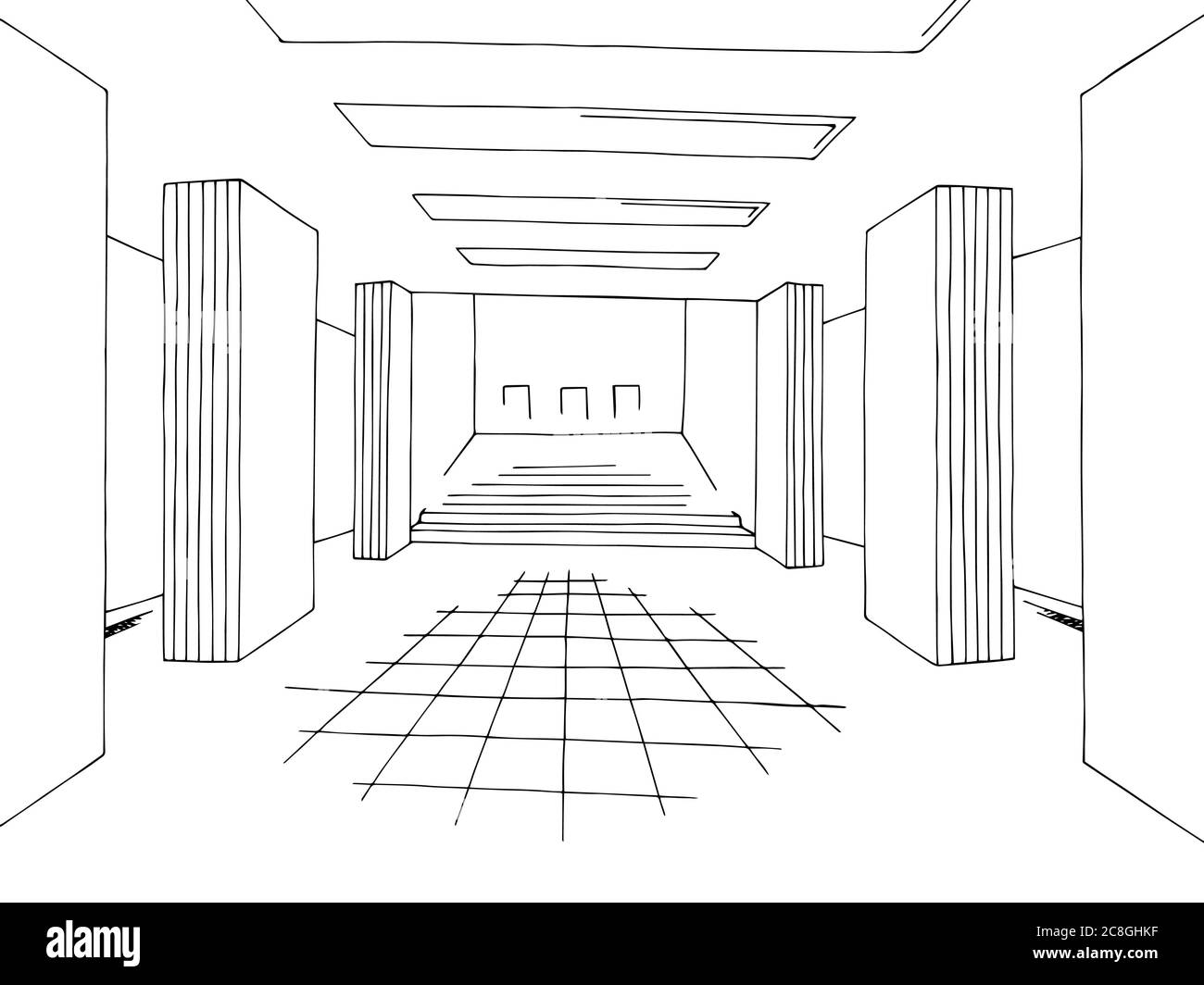 U-Bahn-Station Bahnsteig Zug Grafik schwarz weiß Skizze Illustration Vektor Stock Vektor