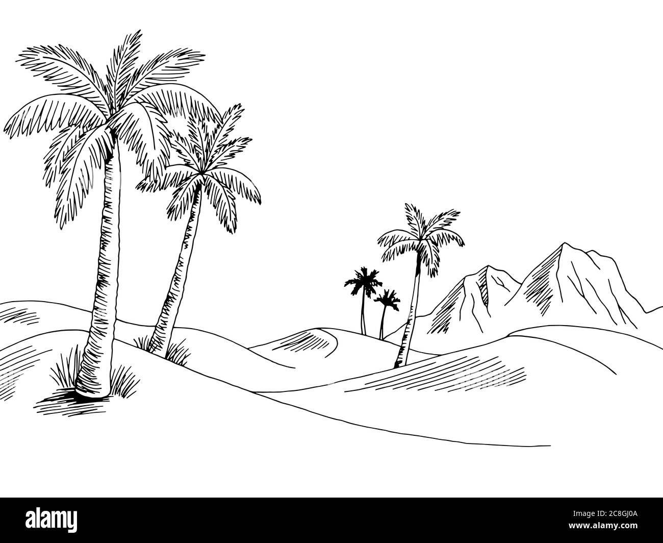 Wüste Grafik schwarz weiß Landschaft Skizze Illustration Vektor Stock Vektor