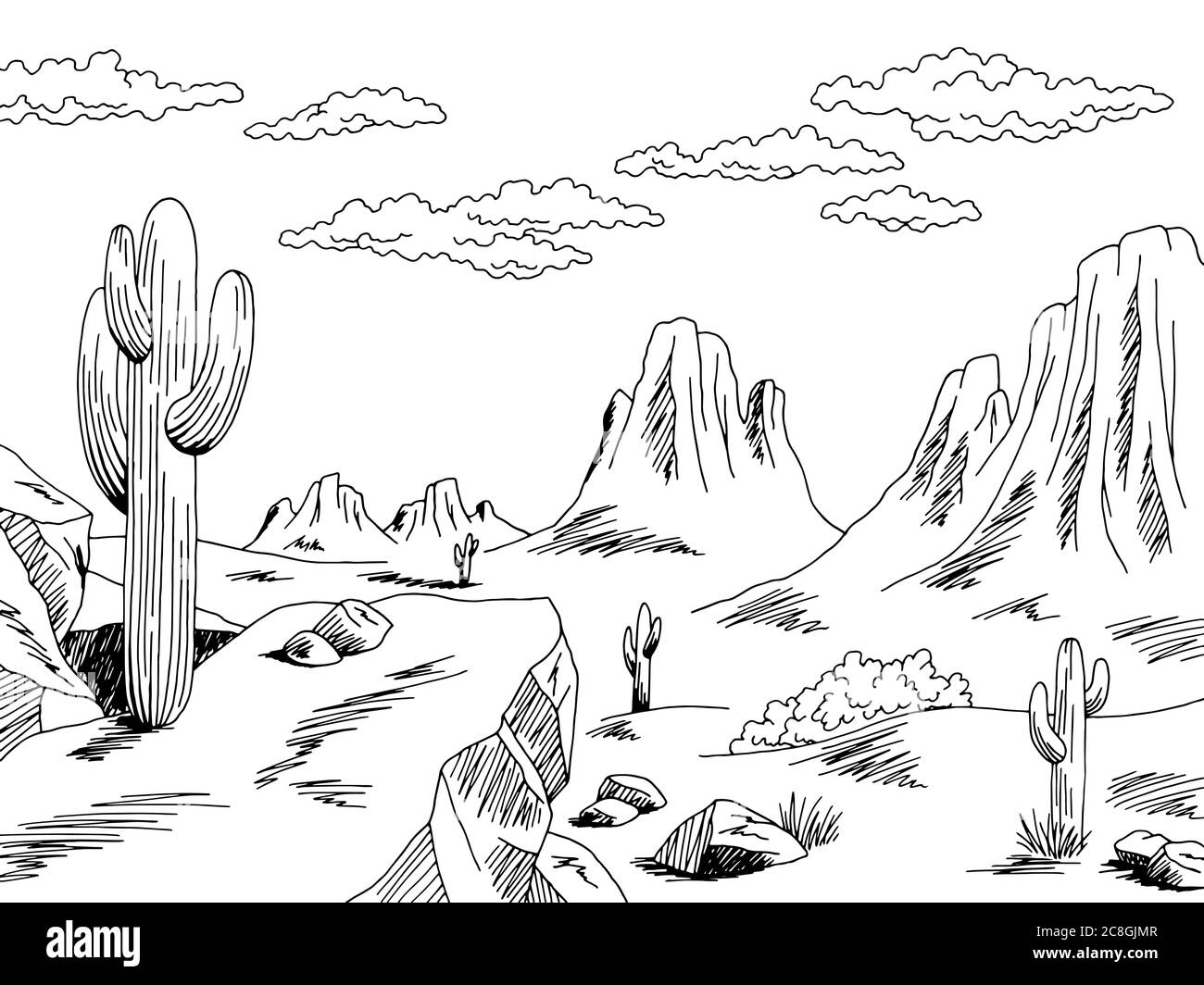 Prairie Grafik schwarz weiß wild Westen Wüste Landschaft Skizze Illustration Vektor Stock Vektor