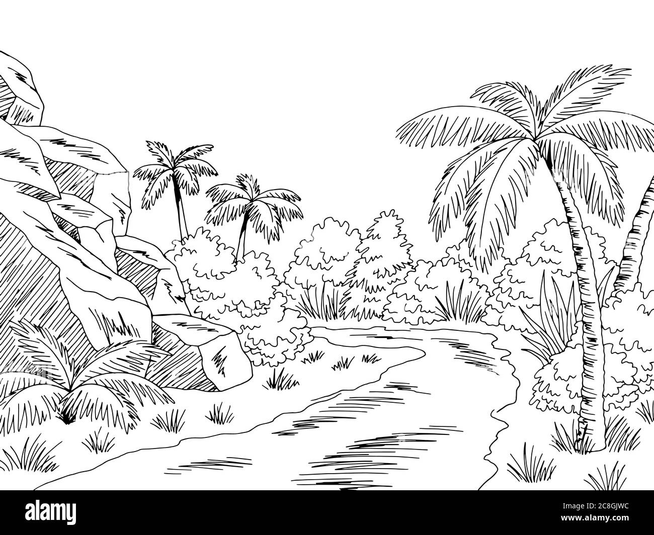 Dschungel Straße Grafik schwarz weiß Landschaft Skizze Illustration Vektor Stock Vektor