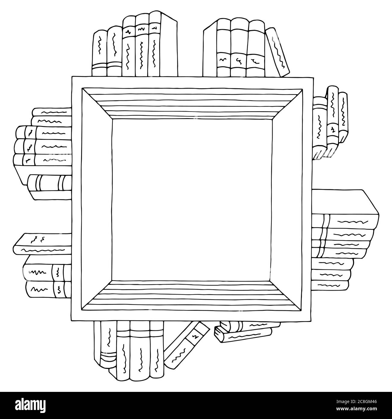 Buch Regal quadratische Grafik schwarz weiß isoliert Skizze Illustration Vektor Stock Vektor