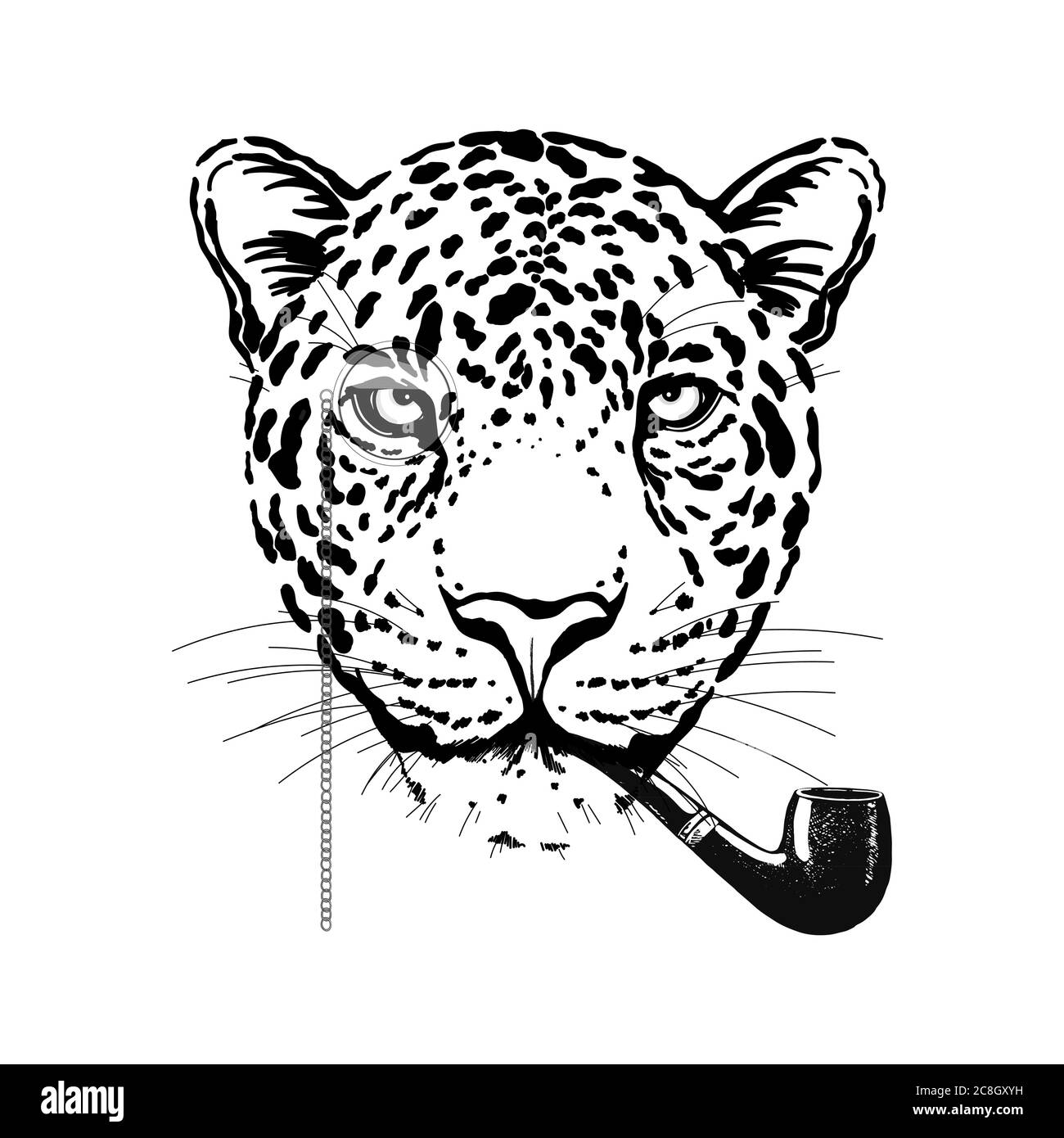 Hand gezeichnet Skizze Stil Burlesque Porträt von lustigen Leoparden mit Rauchrohr isoliert auf weißem Hintergrund. Vektorgrafik. Stock Vektor