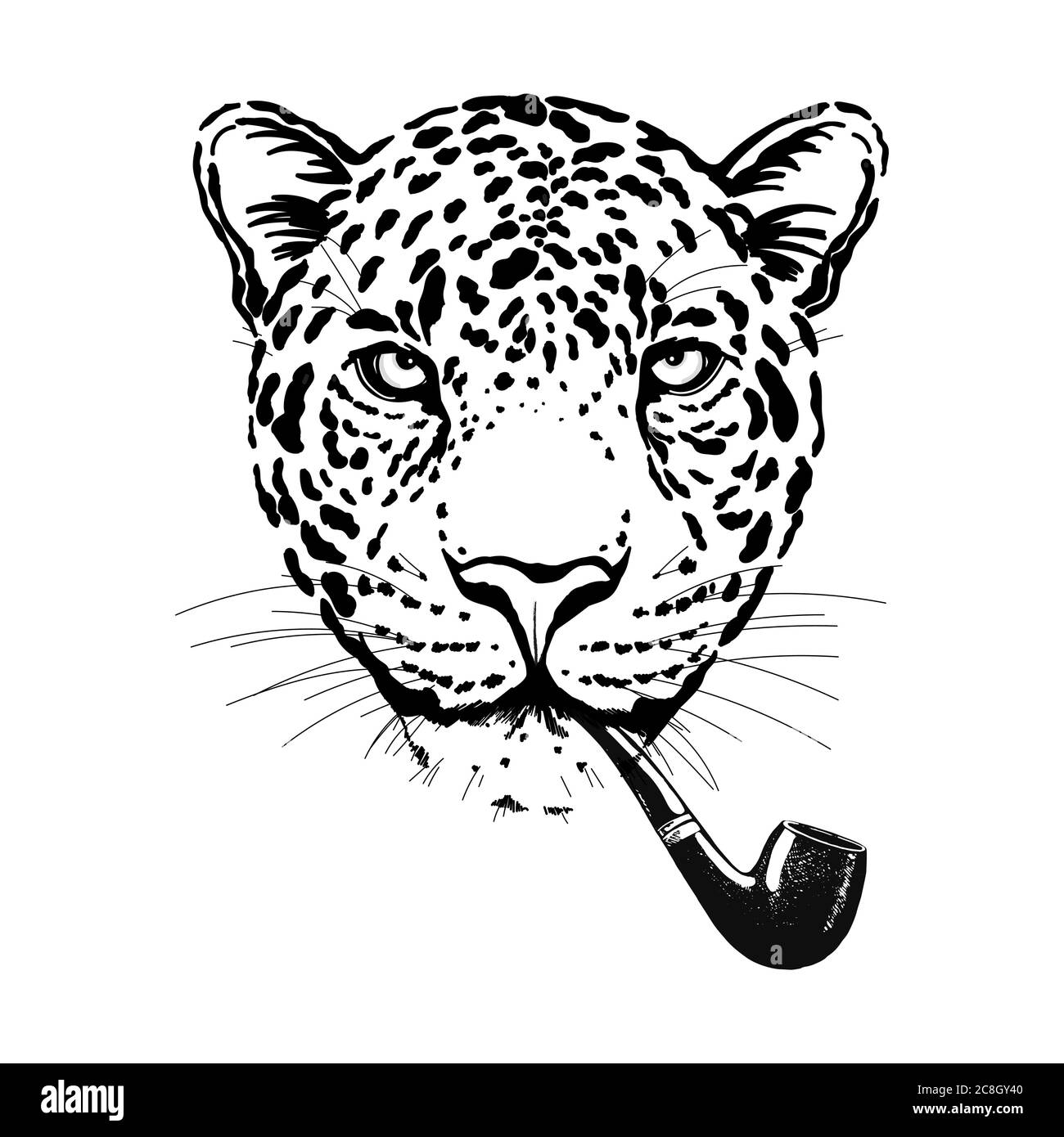 Hand gezeichnet Skizze Stil Burlesque Porträt von lustigen Leoparden mit Rauchrohr isoliert auf weißem Hintergrund. Vektorgrafik. Stock Vektor