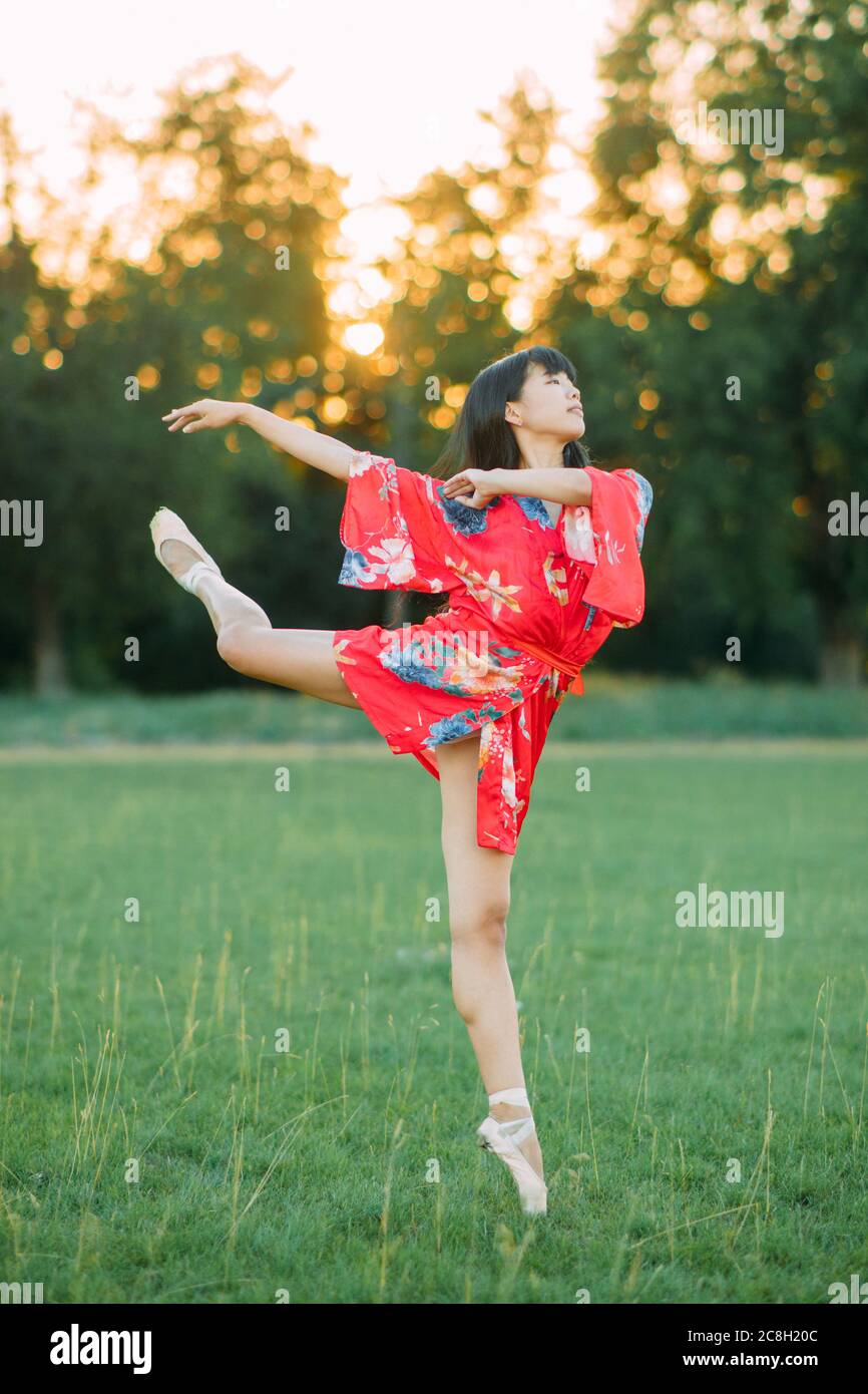 Japanische Ballerina in roten Kimono steht und führt Schwalbe Pose auf  Rasen Hintergrund Stockfotografie - Alamy