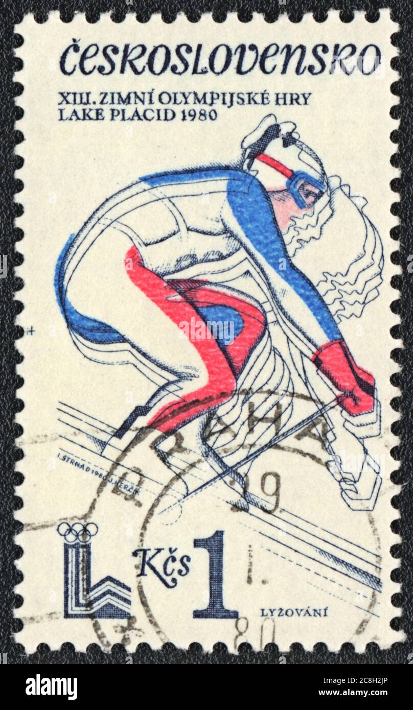 Briefmarke. XIII. Olympische Spiele im Lake Placid, Tschechoslowakei, 1980 Stockfoto