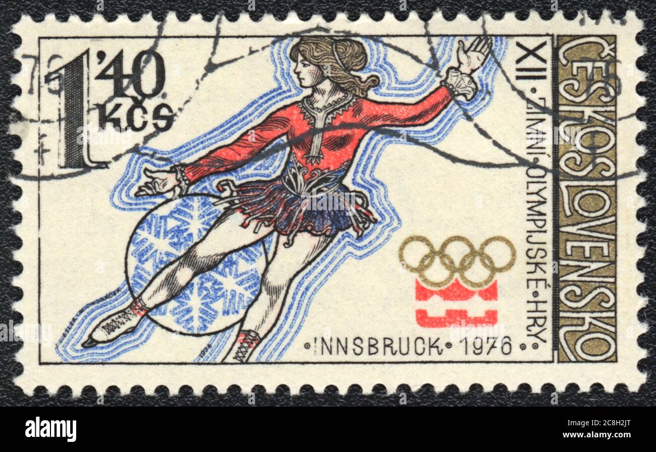 Briefmarke. Frauen Eiskunstlauf auf den XII Olympischen Spielen in Innsbruck, Tschechoslowakei, 1976 Stockfoto