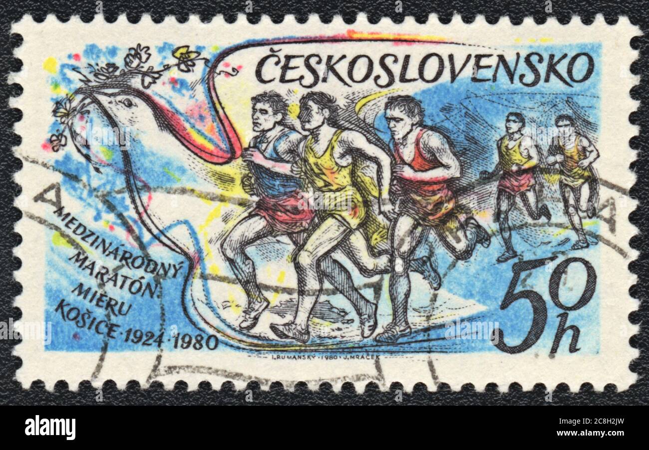 Briefmarke. Internationaler Marathon Kosice Frieden, Tschechoslowakei, 1980 Stockfoto