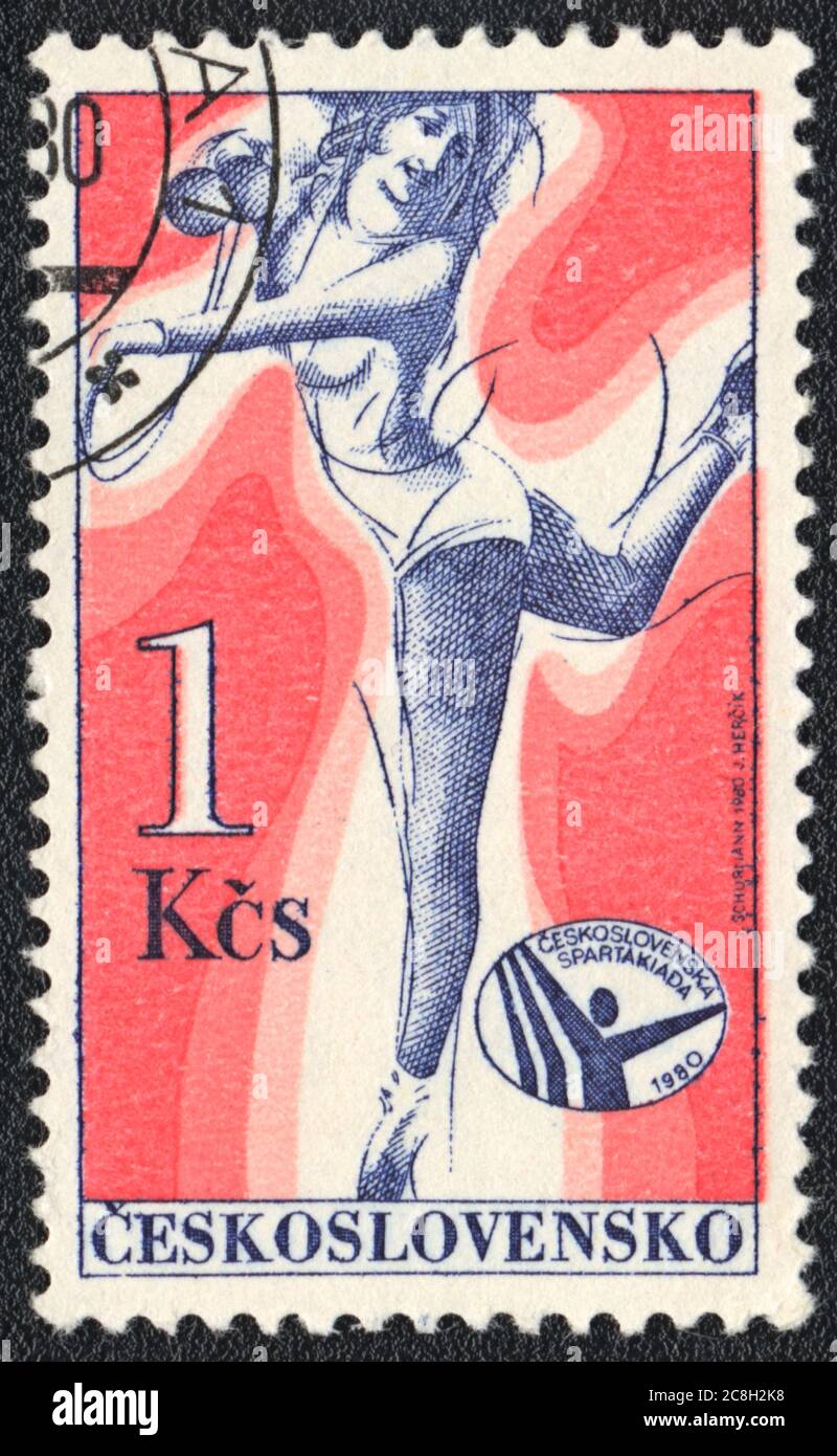 Briefmarke. Sportturnen. Sportlerin auf Sportfestival, Tschechoslowakei, 1978 Stockfoto