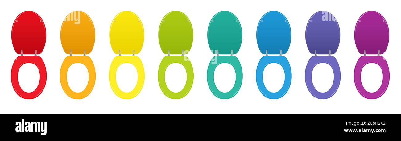 Farbenfrohe Toilettensitze. Set von verschiedenen farbigen WC-Deckel angehoben - Regenbogen Gradient Sammlung - Illustration auf weißem Hintergrund. Stockfoto