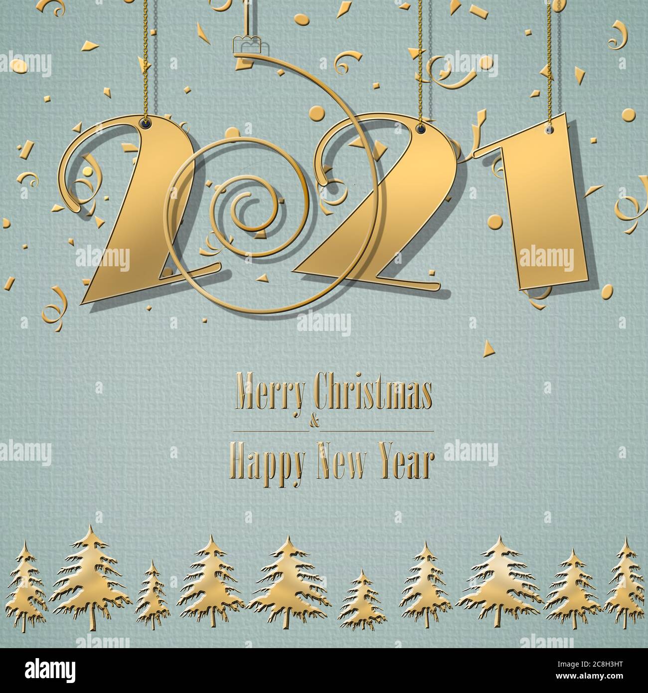 Luxus Happy New 2021 Jahr Design mit hängenden 2021 Ziffern, Gold Spirale, weihnachtsbäume auf grünem Pastellhintergrund. Winterurlaub Grafik, Web-Design, Visitenkarte. Speicherplatz kopieren. 3D-Illustration Stockfoto