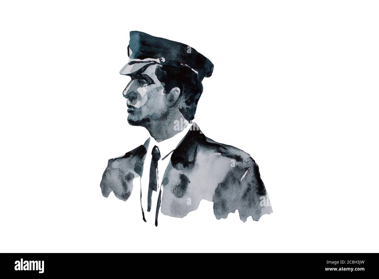 Aquarell Skizze des brutalen Mannes in Militäruniform mit formalem Hut. Seitenansicht. Konzept von Armee, Polizei, Piloten oder Sicherheitsdienst, isoliert auf weiß Stockfoto