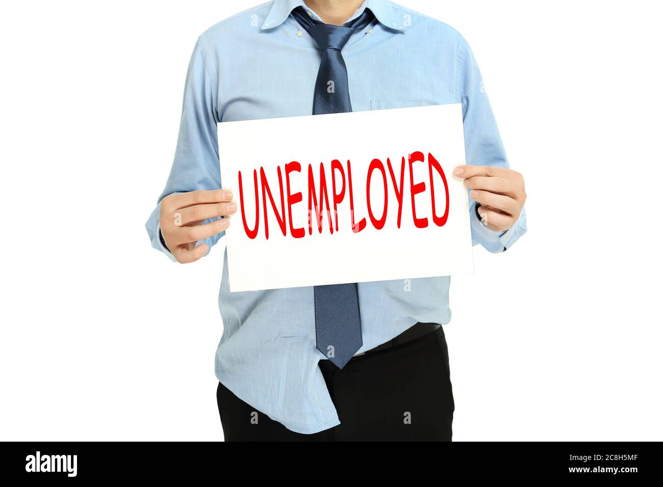 Arbeitsloser Geschäftsmann oder Person mit Schild, Arbeitslosenkonzept Stockfoto