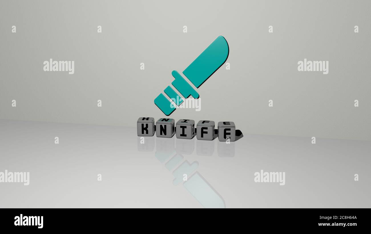 3D-Darstellung des MESSERS mit Symbol an der Wand und Text angeordnet durch metallische kubische Buchstaben auf einem Spiegelboden für Konzept Bedeutung und Diashow-Präsentation. Hintergrund und Illustration Stockfoto