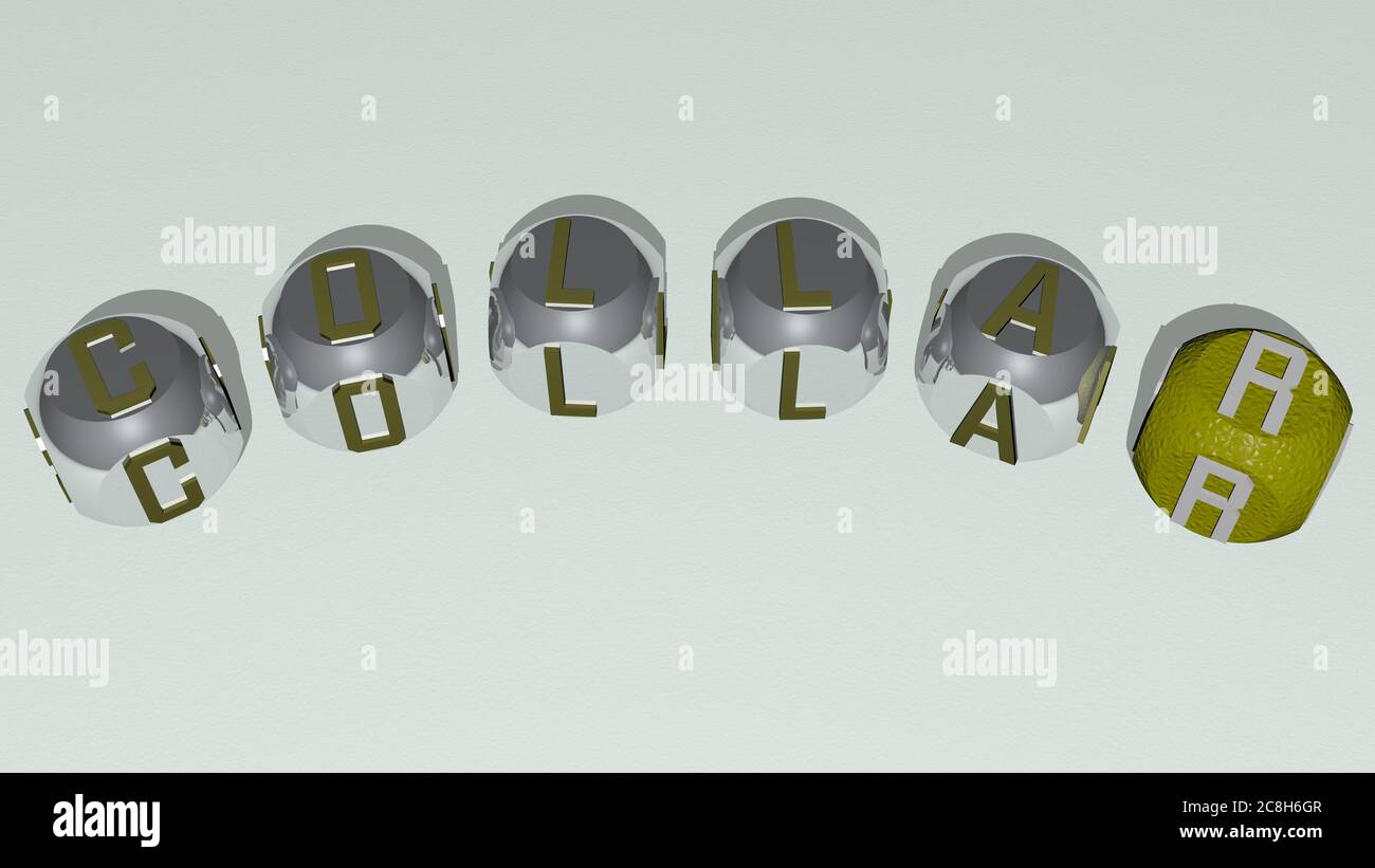 Kreuzworträtsel des KRAGENS angeordnet durch kubische Buchstaben auf einem Spiegelboden, Konzept Bedeutung und Präsentation. Business und Hintergrund. 3D-Illustration Stockfoto