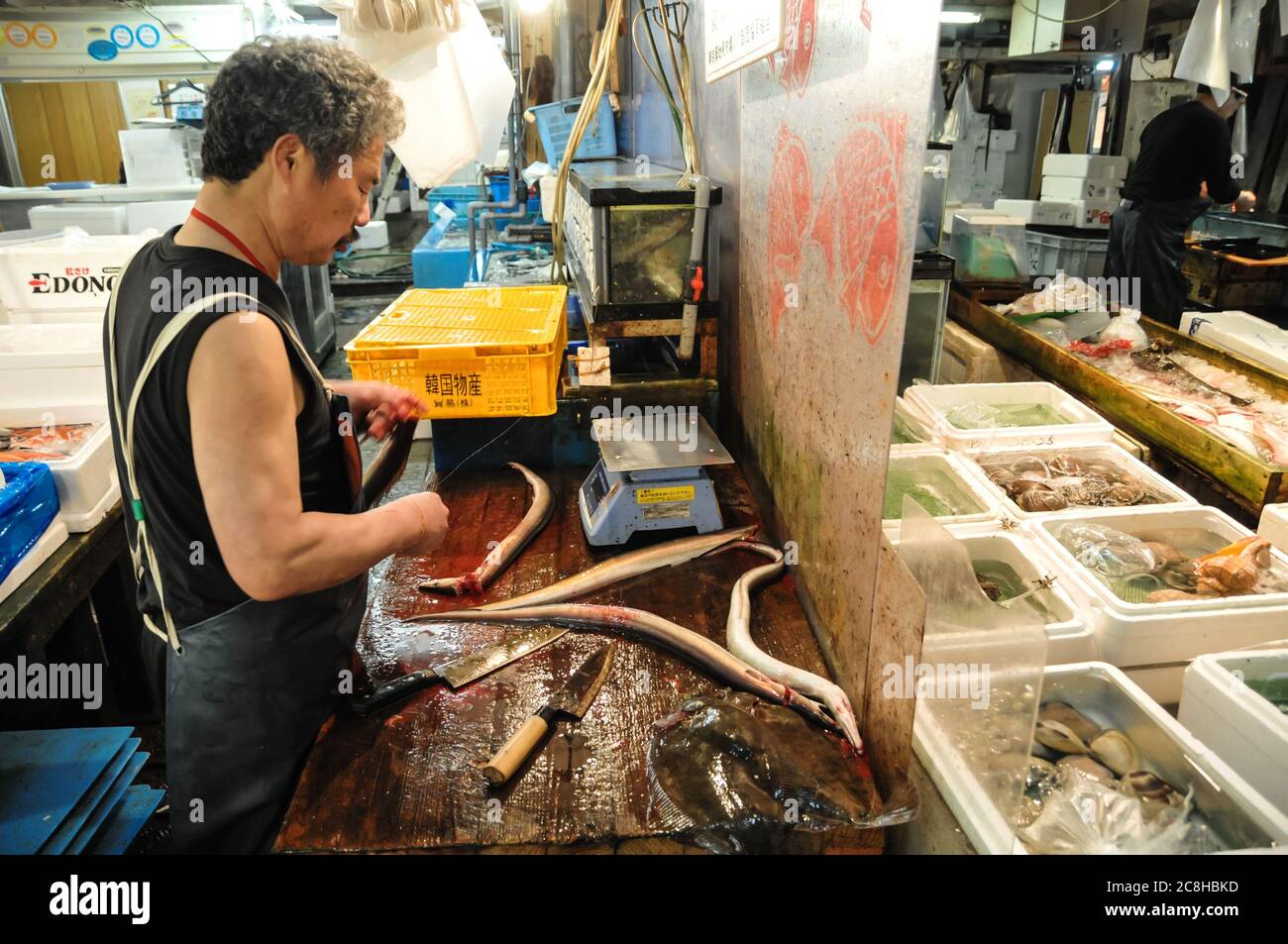 Editorial Tokio, Japan - Mai 2010: Tsukiji Markt ist ein großer Markt für Fisch im Zentrum von Tokyo. Der Markt besteht aus kleinen Geschäften und Restaurants Masse Stockfoto