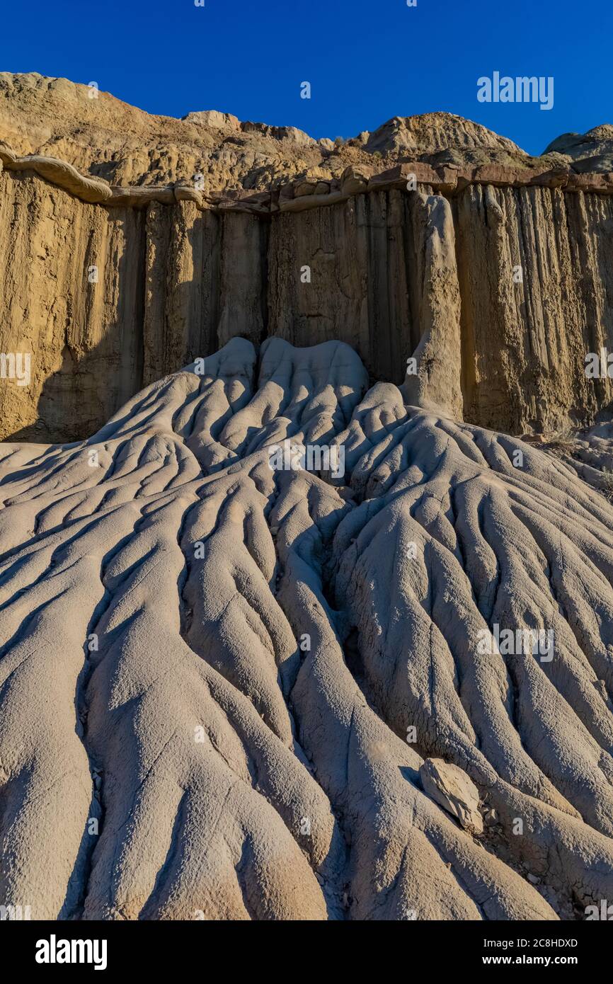 Die Erosion von Rivulet bildete diese Merkmale am Cannonball Mystery-Standort im Theodore Roosevelt National Park, North Unit, North Dakota, USA Stockfoto