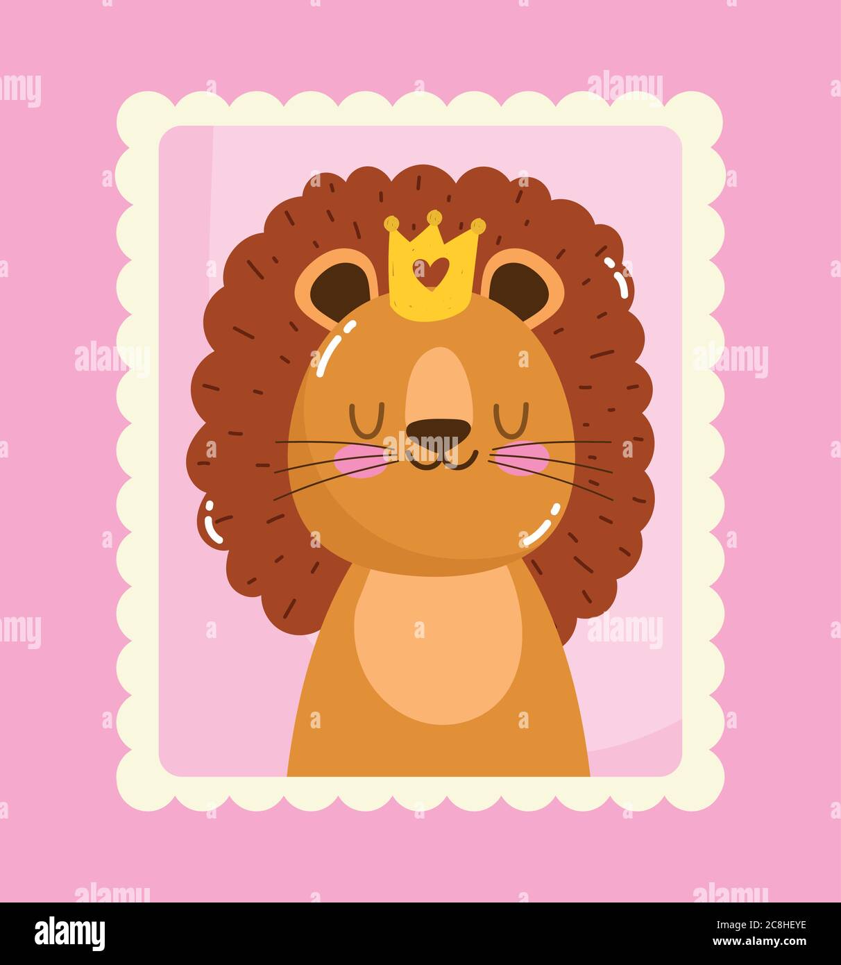 Niedlichen kleinen Löwen mit Krone Tiere Cartoon Briefmarke Vektor Illustration Stock Vektor