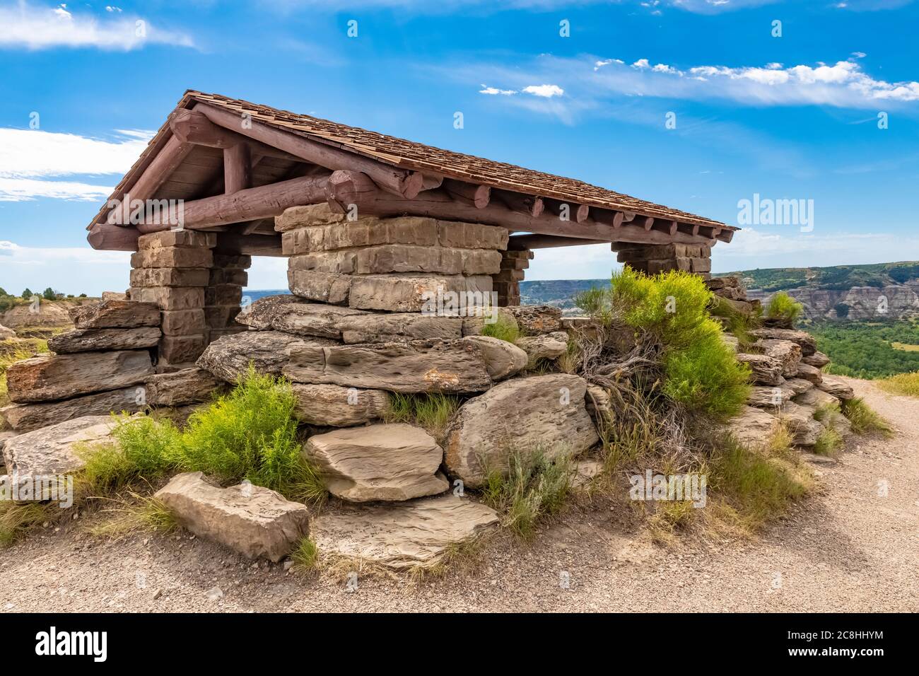 River Bend Overlook, erbaut vom CCC in den 1930er Jahren, im Theodore Roosevelt National Park, North Unit, in North Dakota, USA Stockfoto