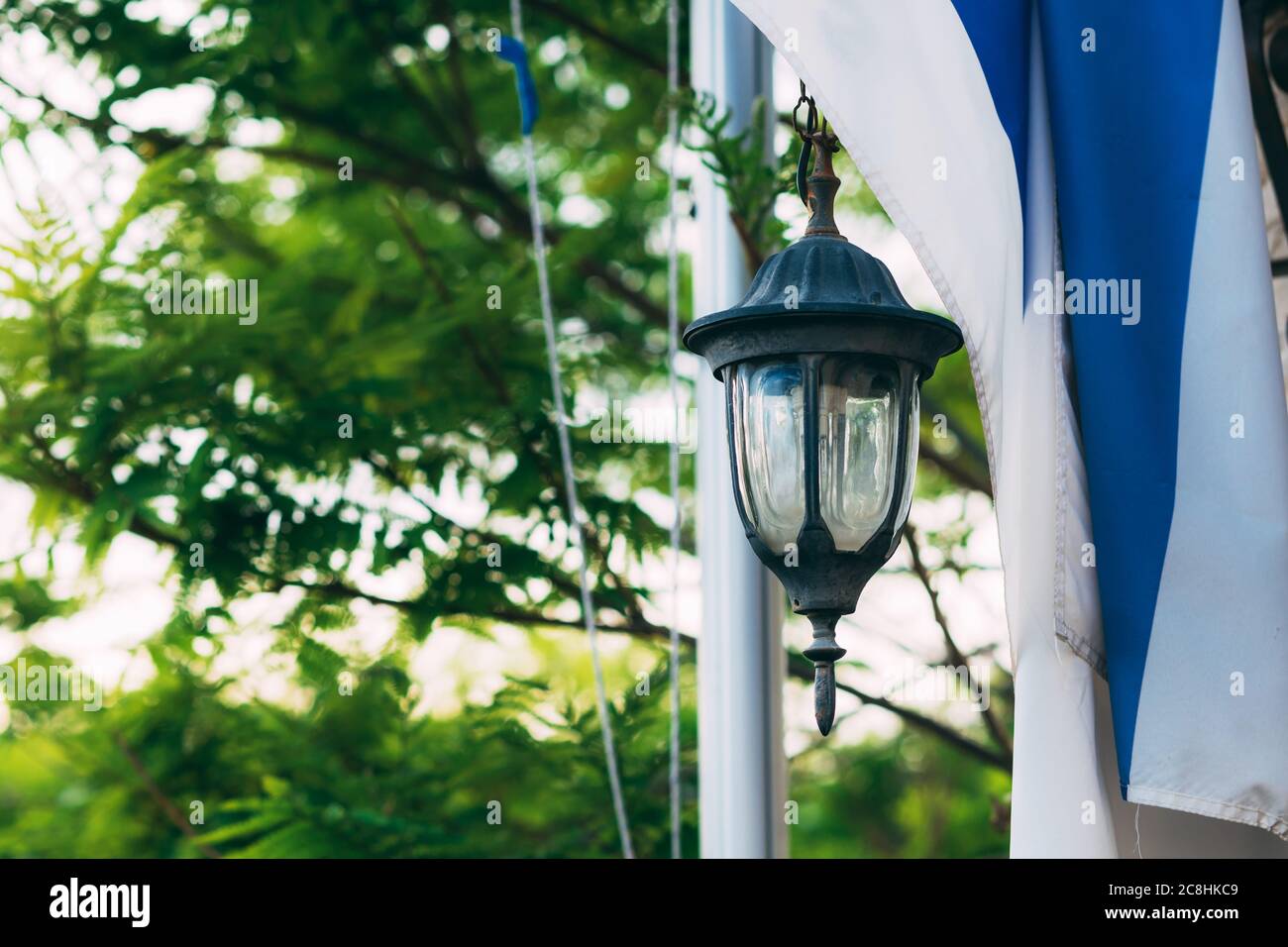 Israelische Flagge und Straßenlaterne auf einem Hintergrund von verschwommenen grünen Bäumen. Feiern des Unabhängigkeitstages Israels. Holocaust-Gedenktag. Memorial Day Stockfoto