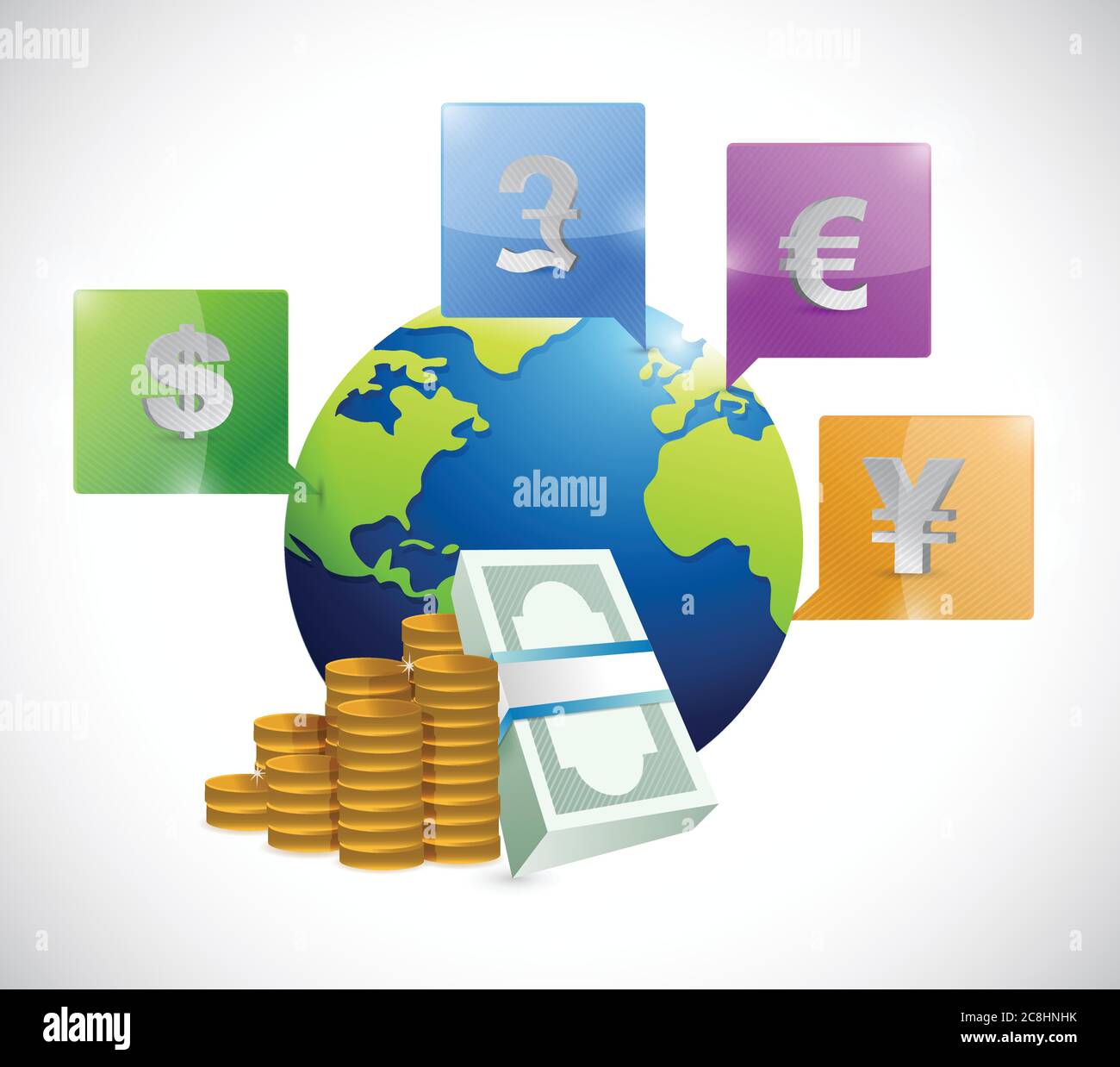 Währungen rund um den Globus Illustration Design auf weißem Hintergrund Stock Vektor