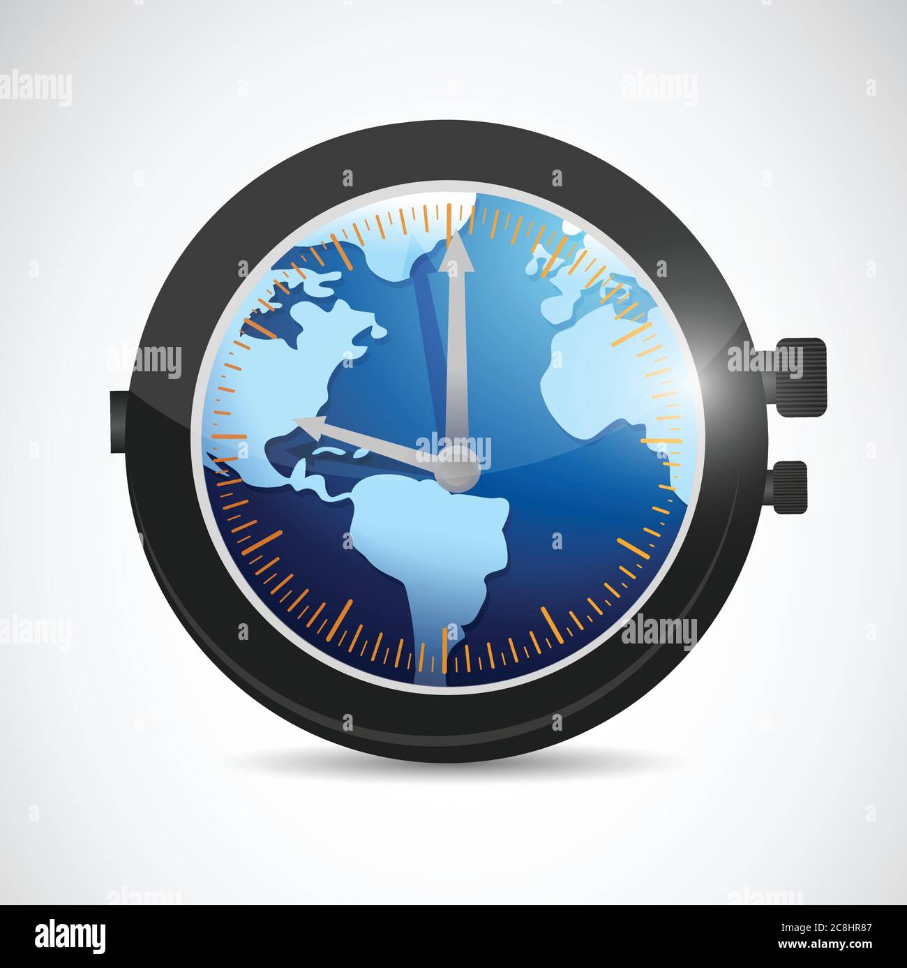 Welt und Uhr Illustration Design auf einem weißen Hintergrund Stock Vektor