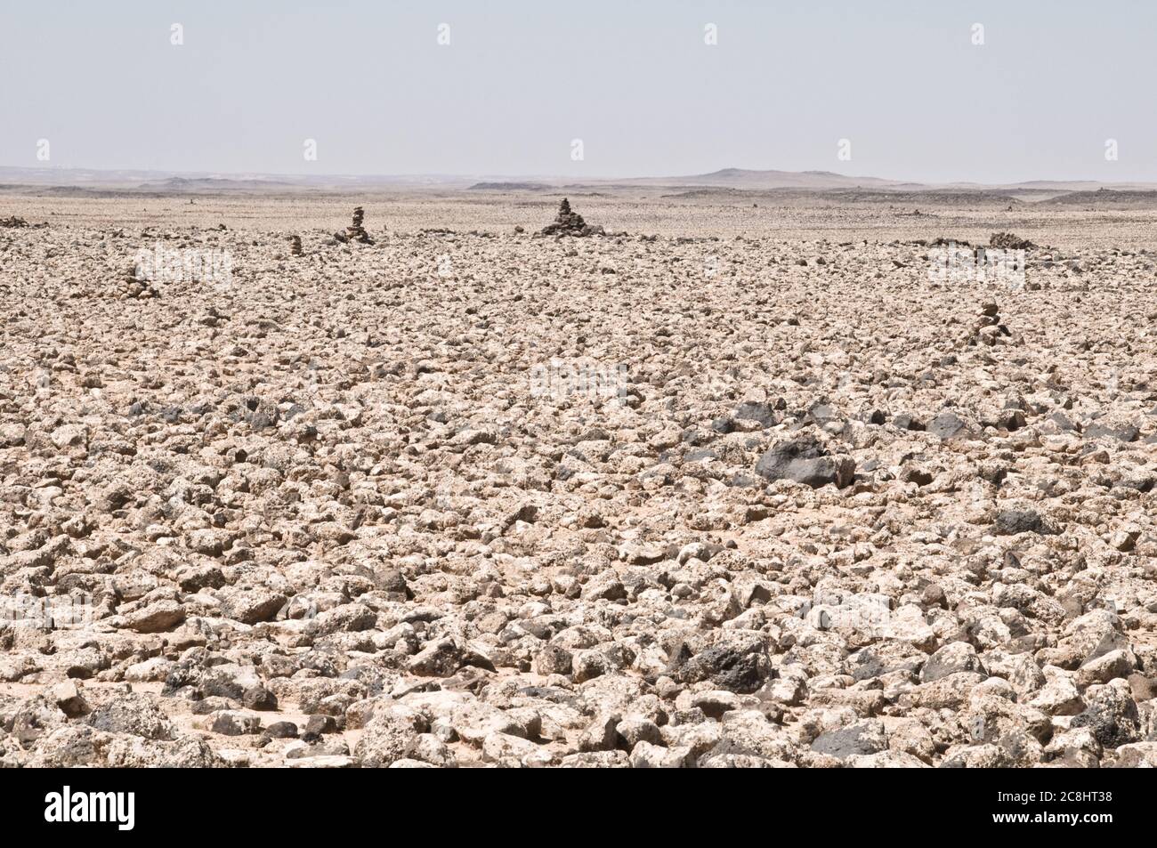 Steinhaufen aus Basaltgesteinen aus uralten Vulkanen bedecken die östliche Wüste, die "schwarze Wüste", in der Region Badia des Haschemitischen Königreichs Jordanien. Stockfoto