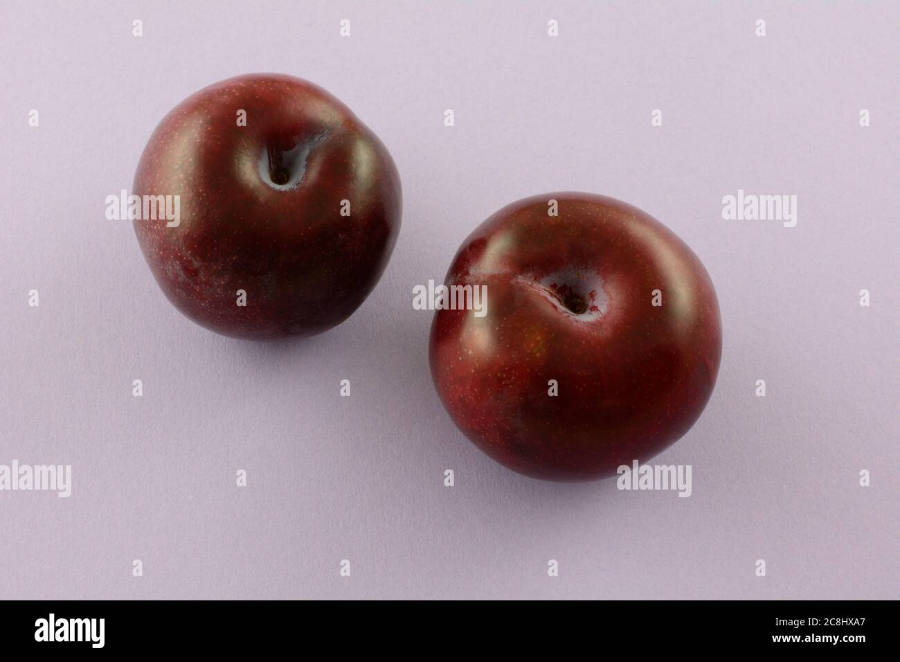 Zwei frische rohe Pflaumen für gesunde Obstsnack oder Frühstück auf Lavendelgrund Stockfoto