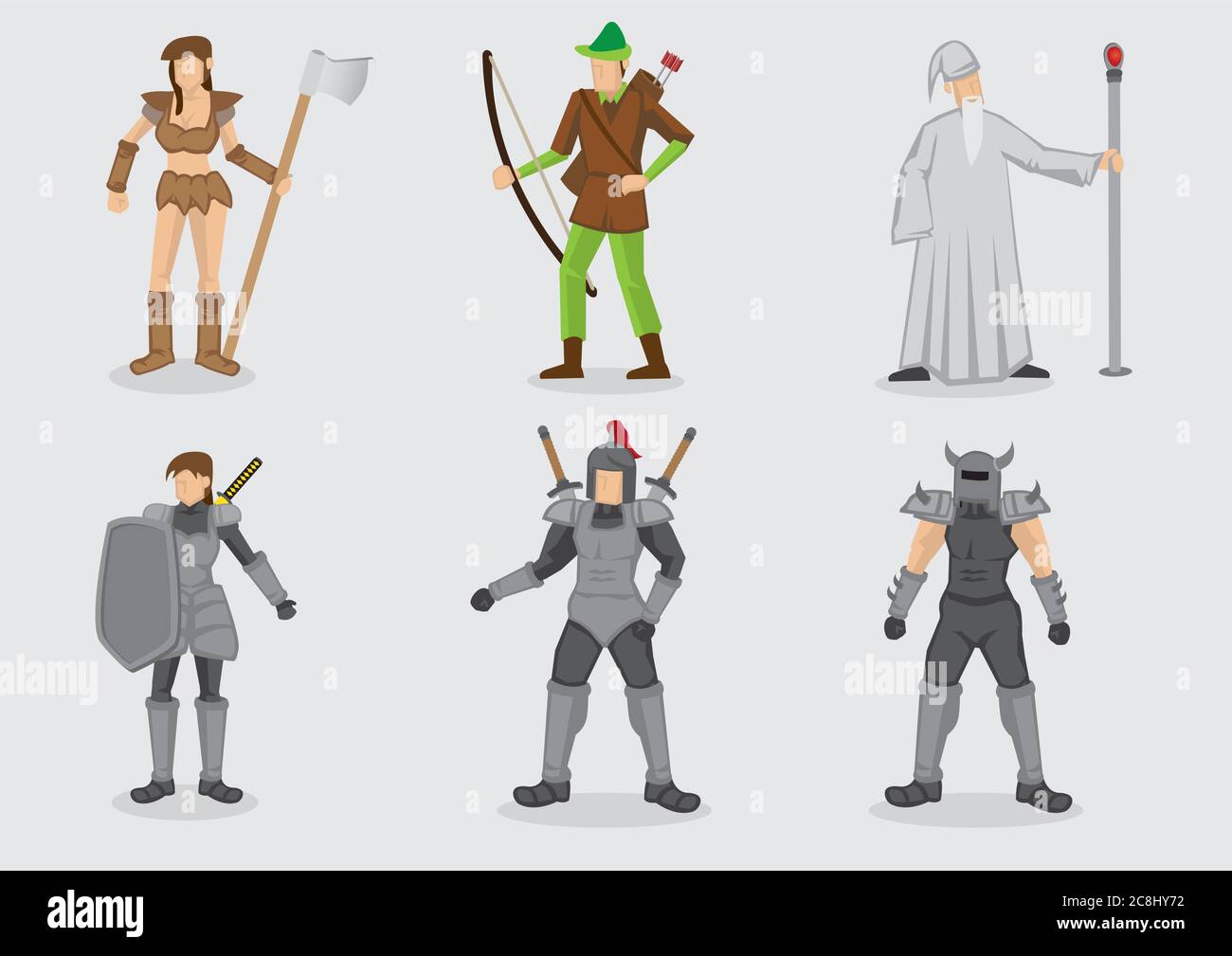 Vektor-Illustration von Cartoon-Charakter-Design und ihre Waffen für mittelalterliche Fantasy-Themen-Spiele auf schlichten Hintergrund isoliert. Stock Vektor